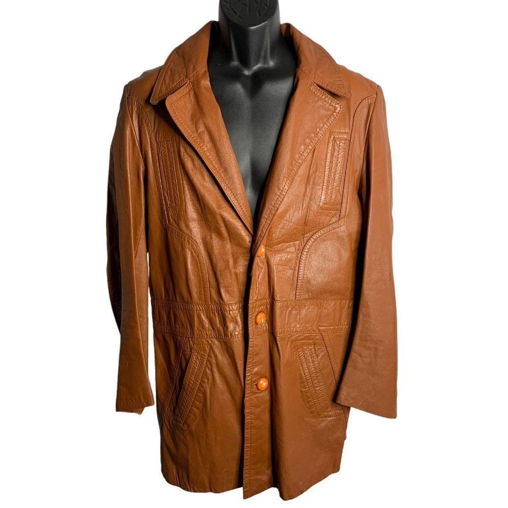 Vintage 70s Button Up Leather Coat Jacket L Brown Groovy